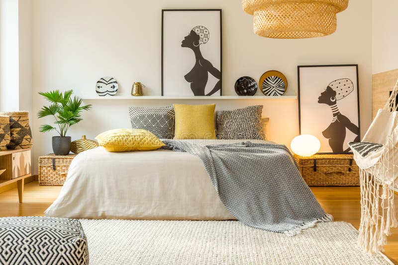 Warm modern bedroom interior stock photography