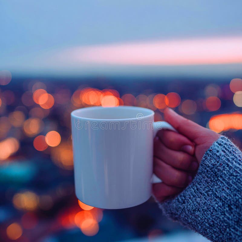 Warm Mug Cityscape Sunset Cozy Evening Relaxation vector illustration