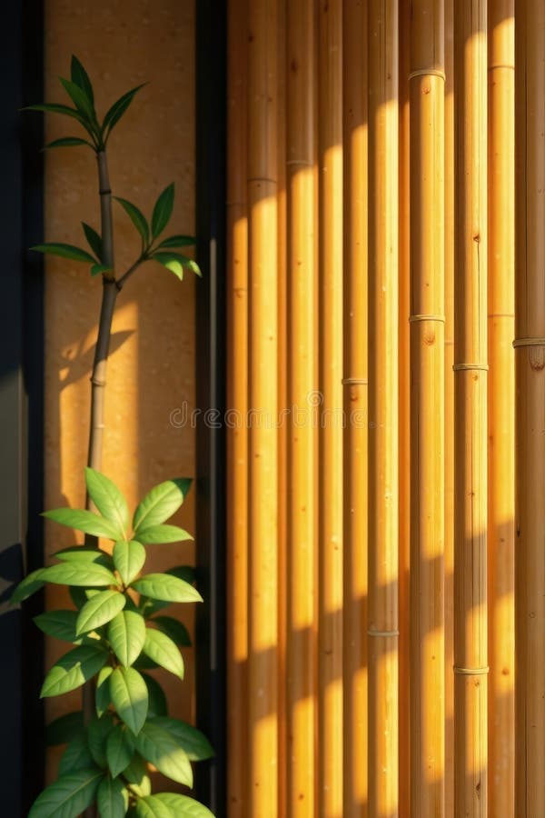 Gard cald din bambus natural, cadru vertical negru, lumină blândă, ramă, detaliu, lumină naturală stock illustration