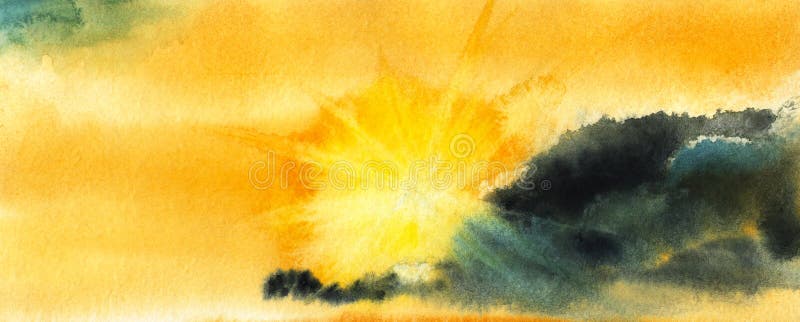 Warm paper texture watercolor landscape Setting sun shines brightly illuminating sky, gold rays cleave dark cumulus clouds.