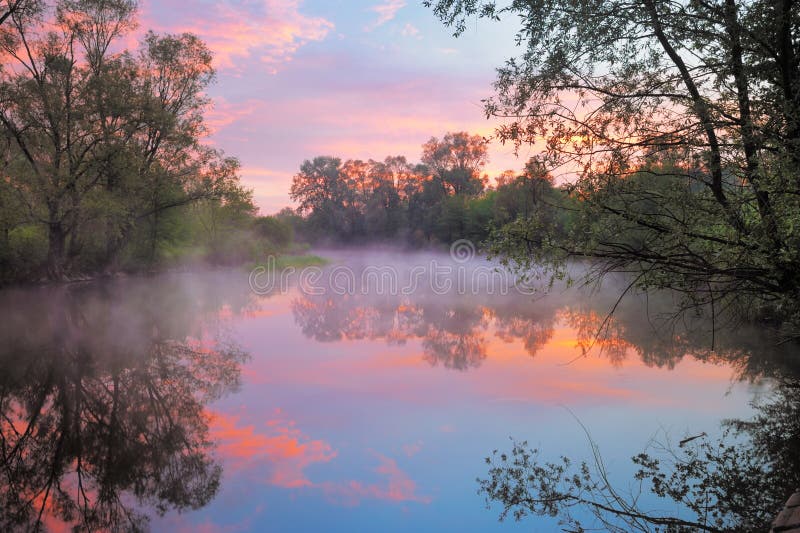 Manana niebla a cálido rosa el cielo a través de un rio, polonia.