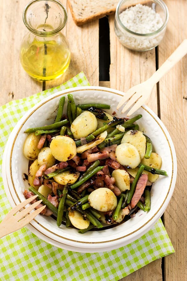 Warm Potato Salad with Green Beans and Bacon Stock Photo Image of