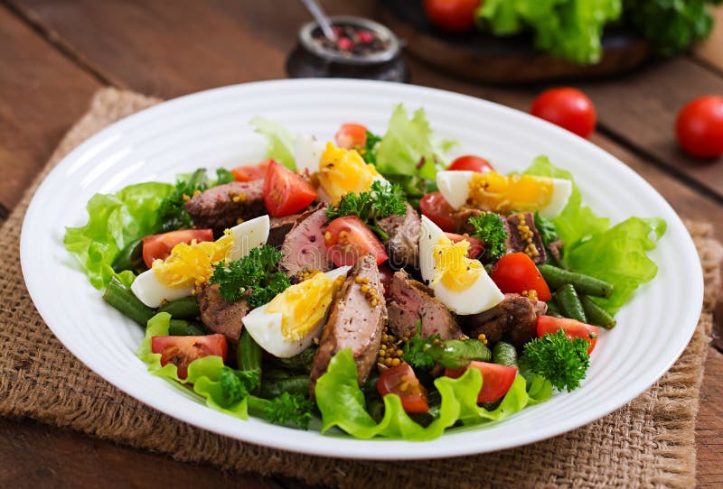 Warm Salad with Chicken Liver, Green Beans, Eggs, Tomatoes and B Stock
