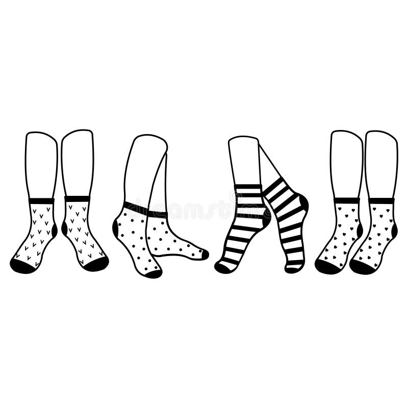 Warm Socks on the Feet with a Pattern, Black Outline, Vector ...