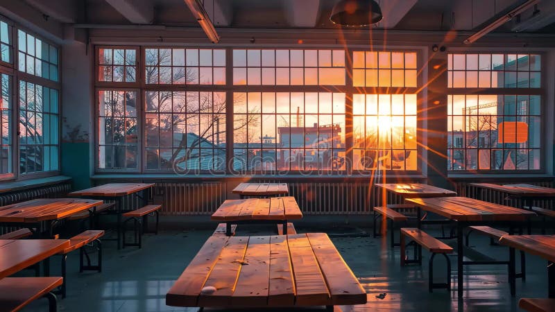 Warm sunlight casts beautiful rays across an empty classroom with wooden tables stock illustration