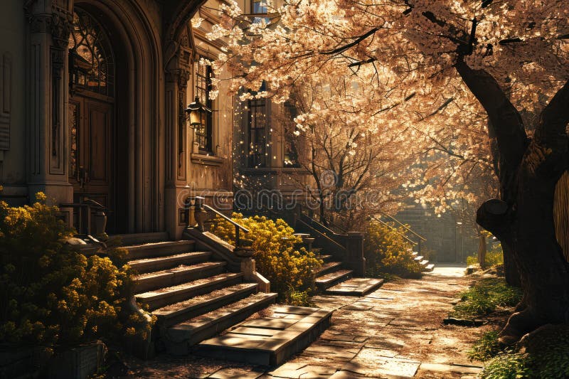 Sunlit Blossoms on a Charming City Street.