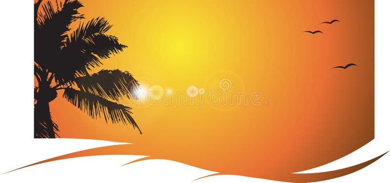Warm sunset with palm tree, tropical stock illustration