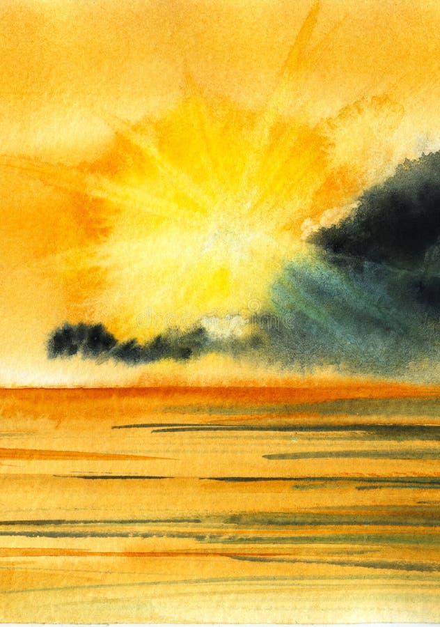 Warm watercolor landscape. Setting sun which rays cleave dark cloud paints water below in gold.