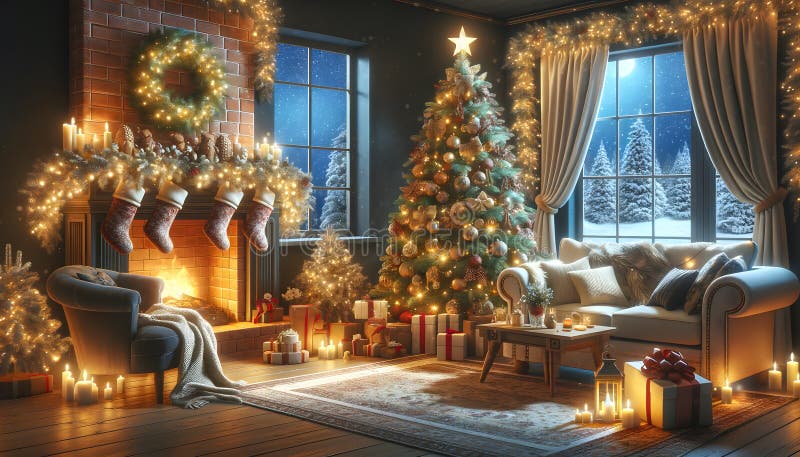 Warm and Welcoming Christmas Living Room. Generative AI Stock