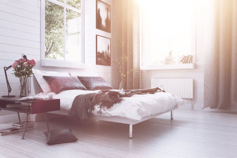 Warm zonlicht in een moderne luxeslaapkamer royalty-vrije illustratie Warm zonlicht in een moderne luxeslaapkamer royalty-vrije illustratie