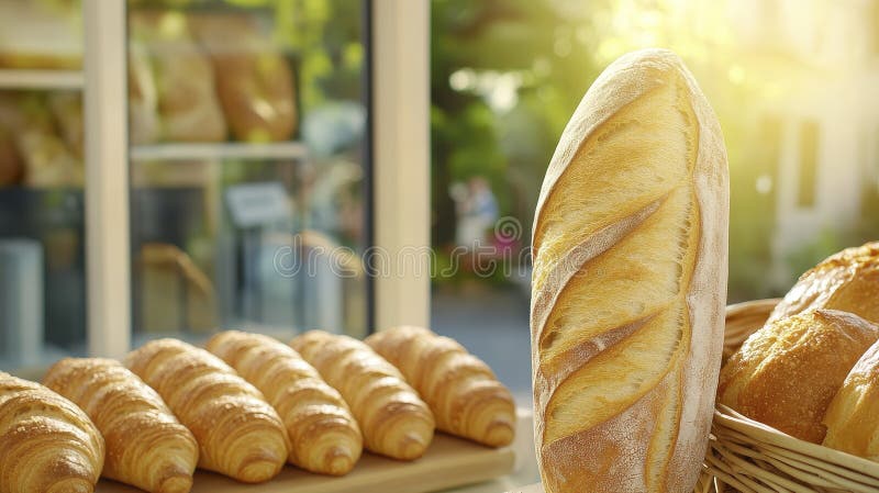 Warme Brotsorten aus einer charmanten Bäckerei zeigen eine goldene Einladung, frisch gebackene Köstlichkeiten zu genießen Krusten stock abbildung