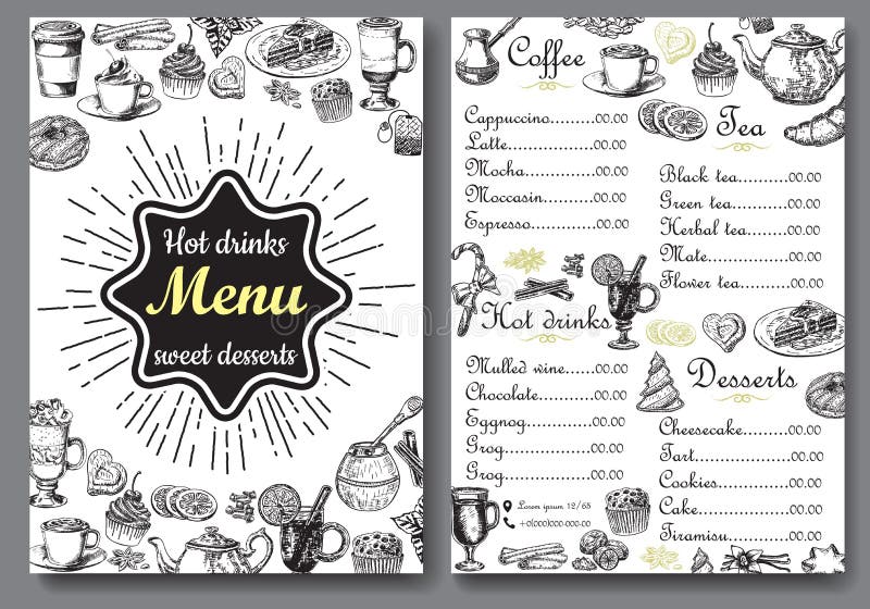 Hot drinks and sweet desserts menu vector template. Front and back A4 paper format menu, hand drawn design for tea shop, coffee house, cafe and restaurant. Hot drinks and sweet desserts menu vector template. Front and back A4 paper format menu, hand drawn design for tea shop, coffee house, cafe and restaurant.