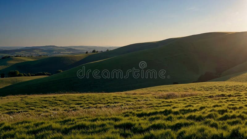 Warme goldene Sonne baden sanfte grüne Hügel, lange Schatten über üppige Wiesen bei ruhigen Sommeruntergang stockbilder