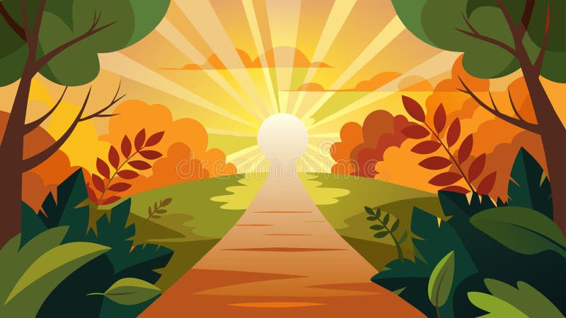 The suns warm rays peek through the leaves casting a beautiful light on the path ahead inviting you to continue your tranquil journey.. AI generated. The suns warm rays peek through the leaves casting a beautiful light on the path ahead inviting you to continue your tranquil journey.. AI generated