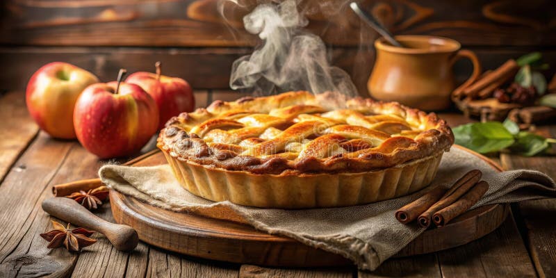 Warmer Apfelkuchen mit Zimt und Sternanis auf rustikalem Holztisch. Generative AI vektor abbildung