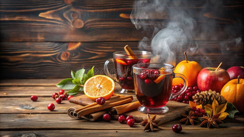 Warmes aromatisches gewürztes Getränk mit Zitrusfrüchten und Cranberries auf rustikaler Holzoberfläche. Generative AI vektor abbildung