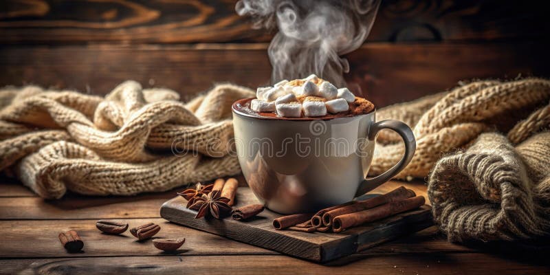 Warmes Getränk mit Marshmallows und Zimt auf einem rustikalen Holztisch. Generative AI lizenzfreie abbildung
