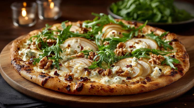 Warmlit Rustic Pear Walnut i Gorgonzola Pizza royalty ilustracja