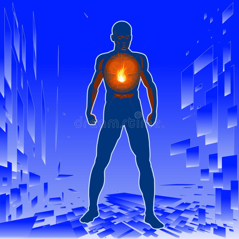 Vector illustration of a man with an inner fire burning in his chest. Vector illustration of a man with an inner fire burning in his chest