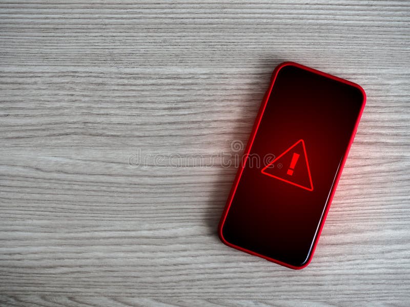 Warning alert screen. Red triangle, system hacked urgent sign, malware, attention danger symbol, system error, scam notification stock photo