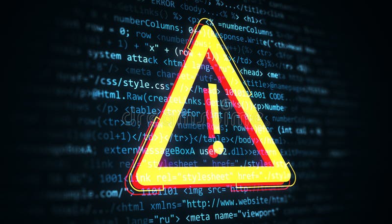 Warning Exclamation Sign with Digital Code in Background Highlighting Cyber Threat Concept. 3D Rendering vector illustration