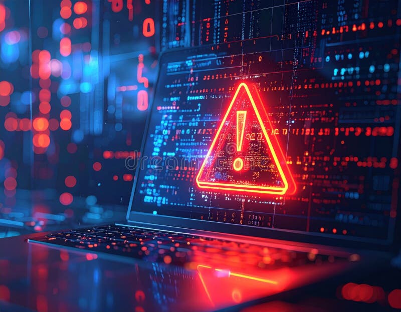 Warning sign on a laptop screen, surrounded by a digital backdrop of codes and data, suggesting a cybersecurity alert or error. vector illustration