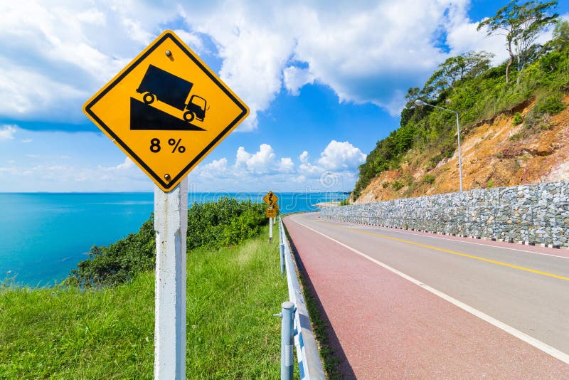 A warning Road sign,steep descent best displayed before a steep downgrade  that can be helpful to the drivers, isolated vector illustration