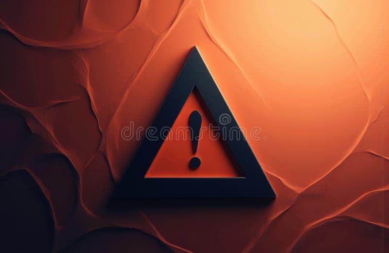 Warning triangle with exclamation symbol on textured orange background stock photos