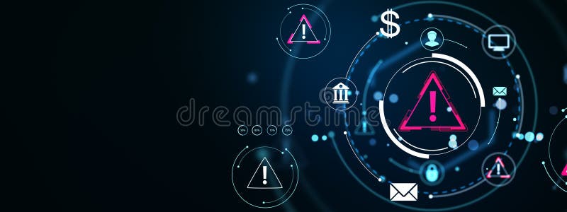 Digital warning alert icons with futuristic technology symbols on dark background representing cybersecurity and financial system stock illustration