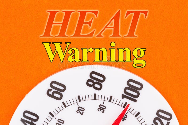 Heat Warning word message with closeup of a thermometer at 100 degrees with a bright orange. Heat Warning word message with closeup of a thermometer at 100 degrees with a bright orange