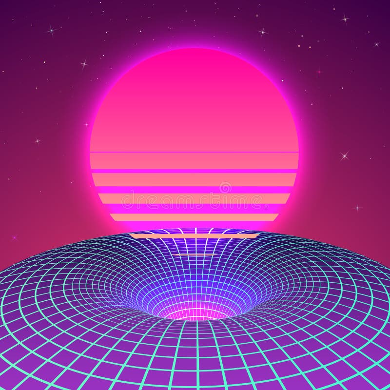 Warp space - Black Hole in neon colors by 80s. Background or cover for retrowave music style. Vector