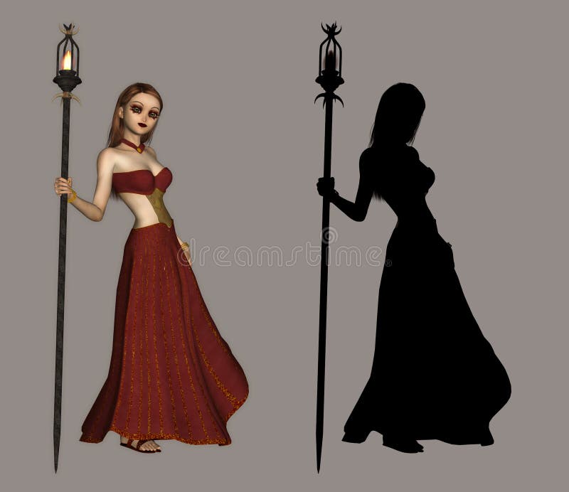 3D Fantasy Female Character With Staff And Silhouette royalty free illustration