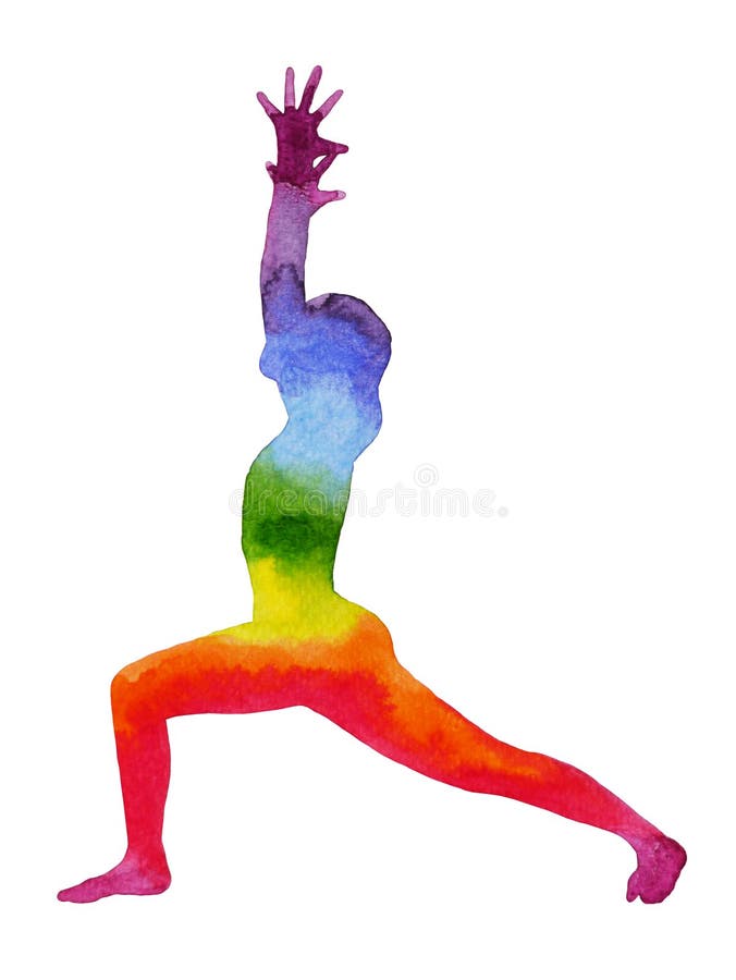 Warrior pose yoga, watercolor painting chakra, strong and powerful, colorful rainbow