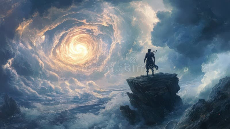 Warrior som observerar en kelestial Vortex över ett turbulent hav vektor illustrationer