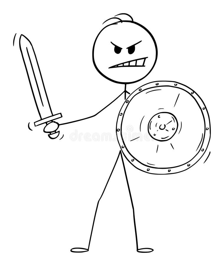 Warrior With Sword and Shield, Vector Cartoon Stick Figure Illustration vector illustration