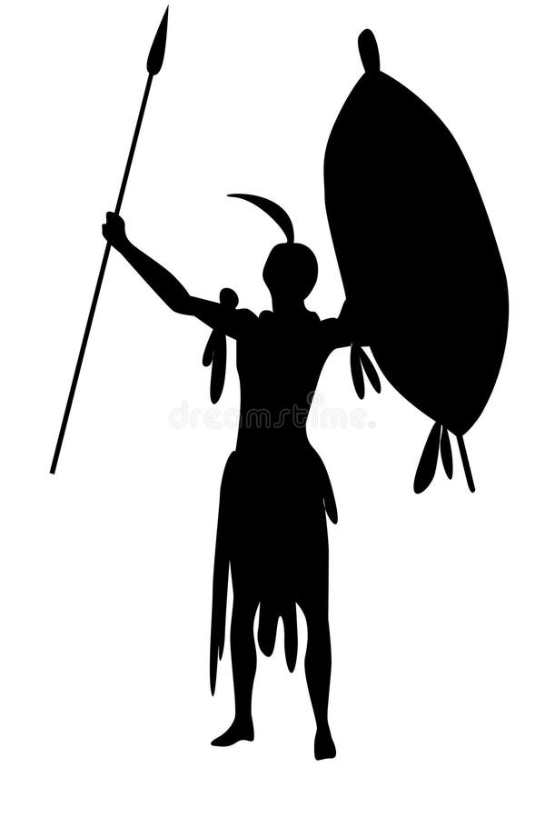 Warrior Zulu With Shield And Spears Isolate Stock Illustration