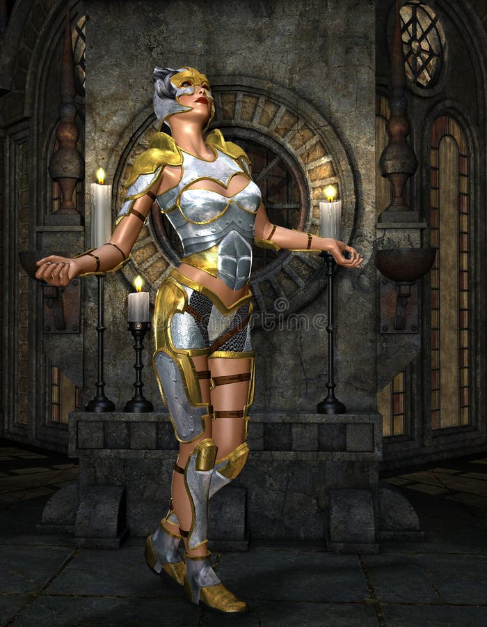 Warrioress in zilveren pantser op gouden Heiligdom