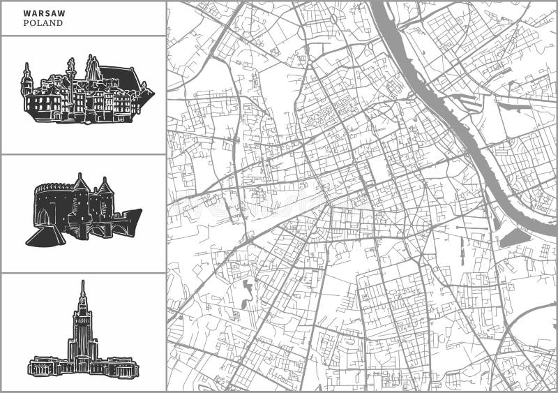 Warsaw city map with hand-drawn architecture icons vector illustration Warsaw city map with hand-drawn architecture icons vector illustration