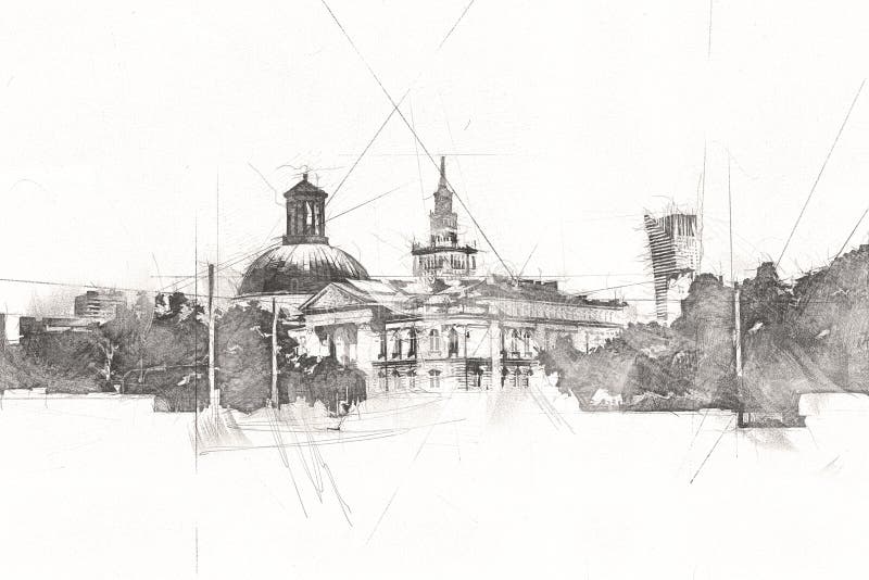 Warsaw Cityscape Exterior Art Drawing Sketch Illustration Stock Image ...