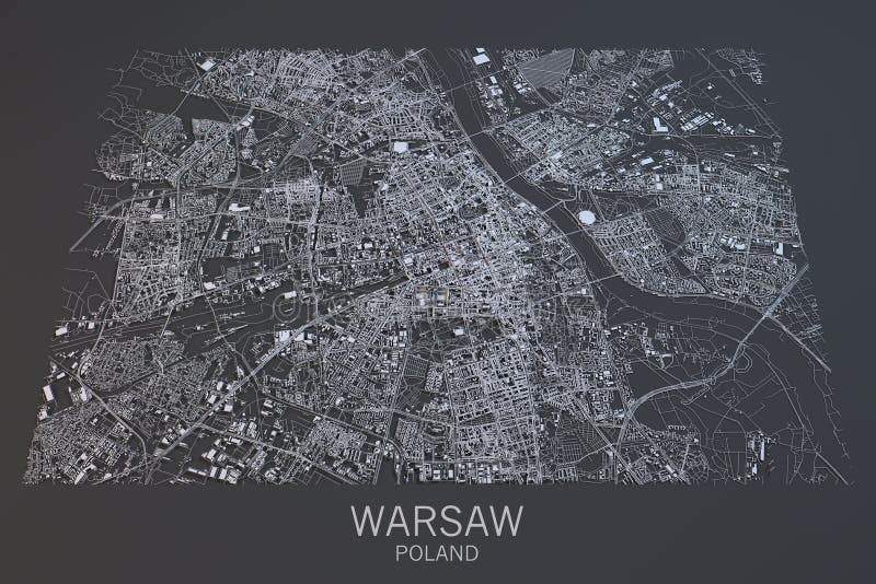 Satellite view of Warsaw on black background. Poland map rivers illustrations