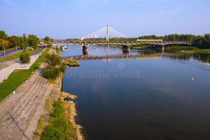 Warsaw, Poland - Panoramic view of the Vistula river with Most Srednicowy railway bridge and Powisle district of Warsaw