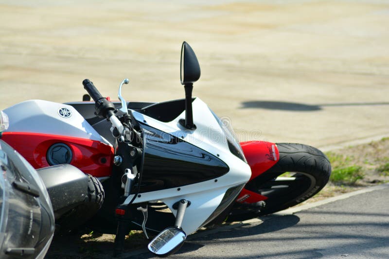 Warsaw, Poland. 23 April 2019. Motorcycle accident on the road. Detail of a motorcycle accident