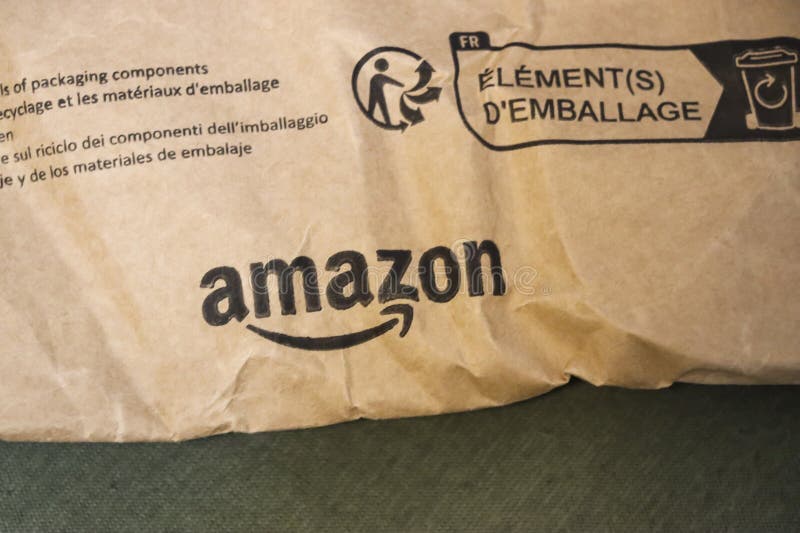 Warsaw, Poland - August 4, 2025: A close-up of a brown packing material featuring the Amazon logo, symbolizing e-commerc stock photo