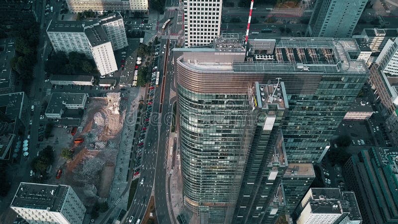 WARSAW, POLAND - JUNE 27, 2018. Aerial view of Rondo 1 modern office building in downtown