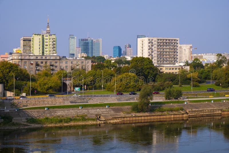 Warsaw, Poland - Panoramic view of the Warsaw city center and Powisle district by the Vistula river bank