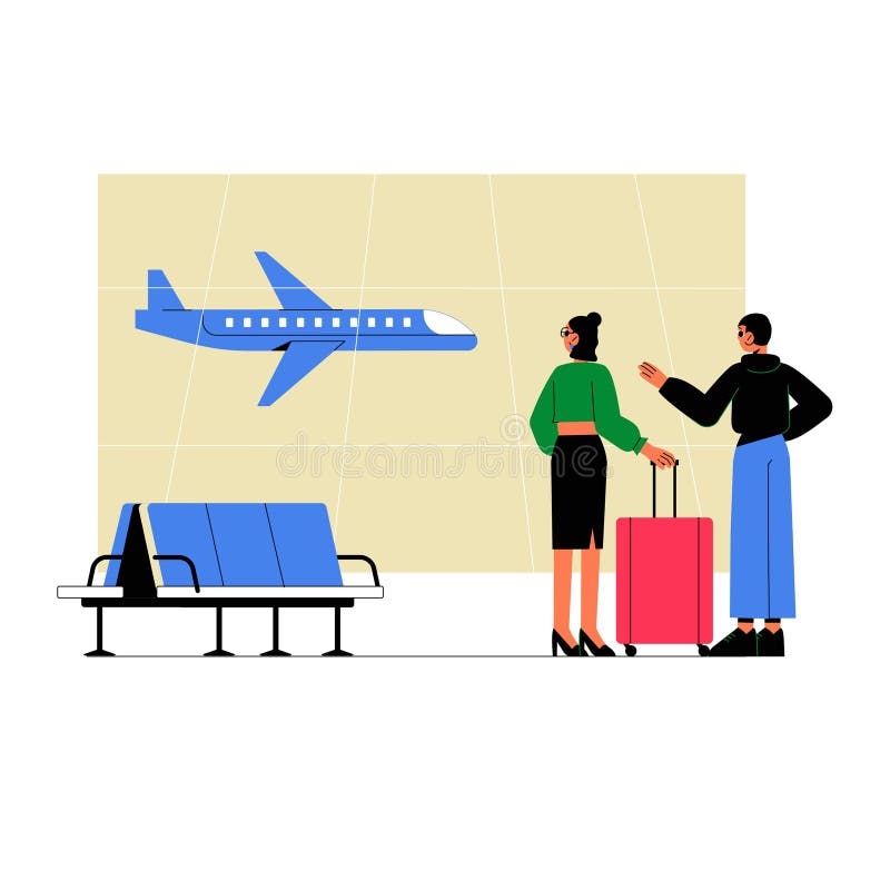 Wartebereich am Flughafen mit weiblichen Reisenden und Gepäck in flacher Vektor-Abbildung symbolisiert Reiseverkehr stock abbildung