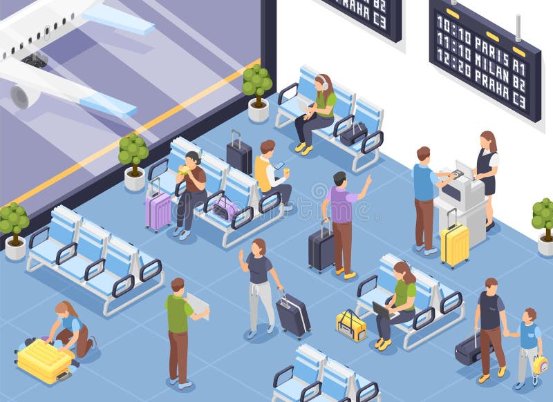 Wartezimmer für den isometrischen Flughafen. Abfahrtszone mit Passagieren mit Koffern und Gepäck. Flugreisende warten auf Besteige vektor abbildung