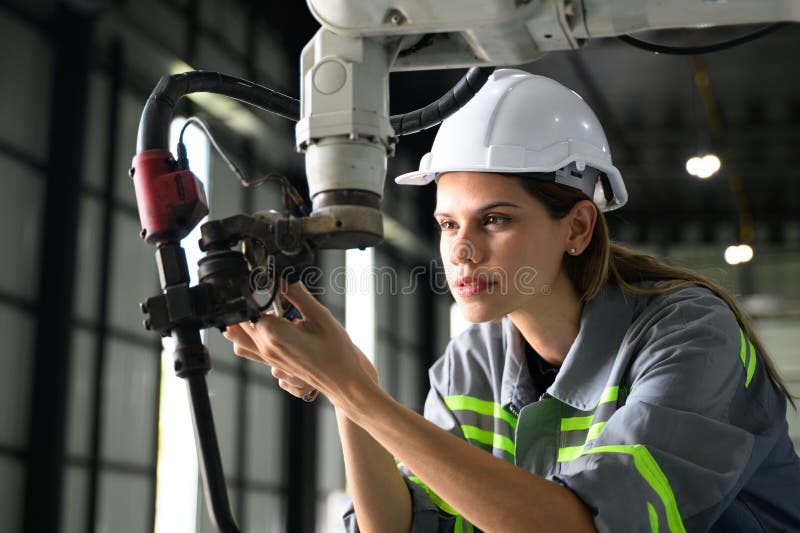 Wartungstechniker, der mit der Automatisierung von Robotern arbeitet lizenzfreie stockfotografie