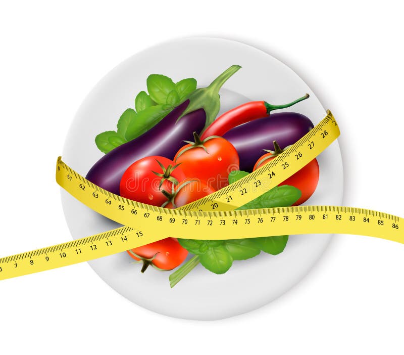 Warzywa na talerzu z pomiarową taśmą około tło bow puste pojęcia wyświetlania numerów jego skali diety środki wiążące taśma tekst