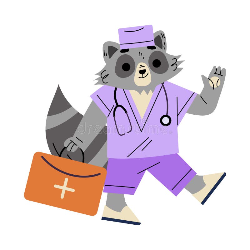 Waschbär Tierarztcharakter mit Kastenarbeit im Erste-Hilfe-Set in der Vektorgrafik eines Krankenhauses stock abbildung